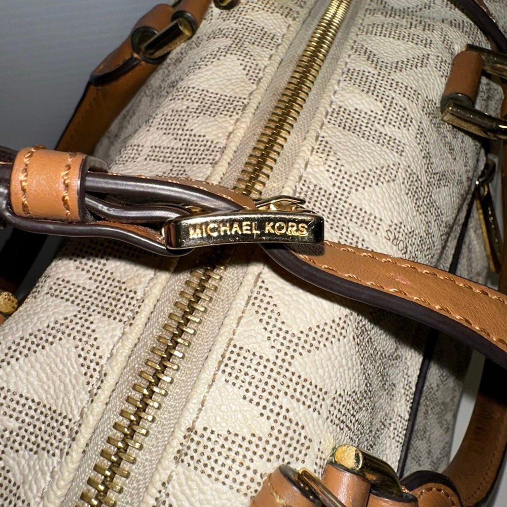 Michael Kors Monogram Kirby Satchel Bag Beige/Brown Vanilla/Acorn MK Logo Purse - Picture 5 of 16